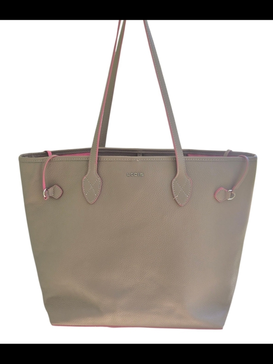 Lodis Handbags - Lodis Taupe Pebbled Leather Work Tote With Pink Trim